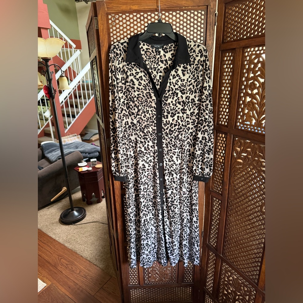 MSK Black and White Leopard-Print Button-Front Maxi Dress